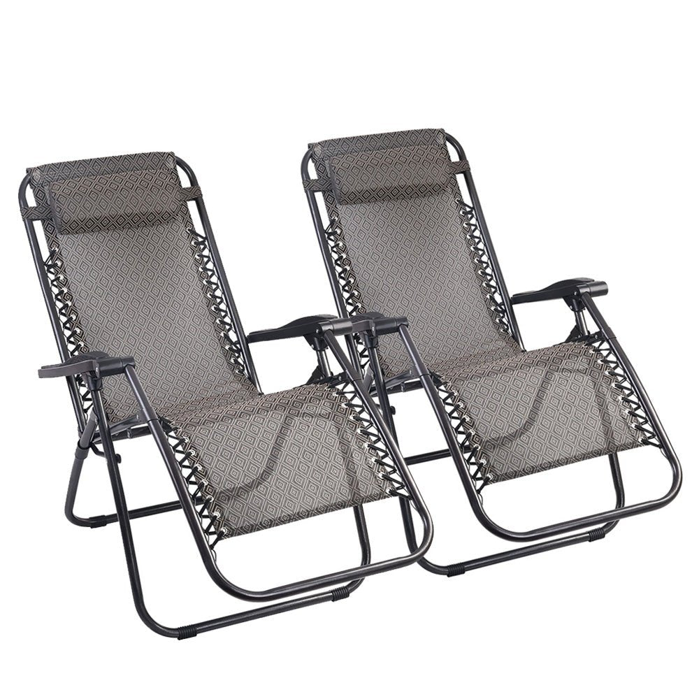 2PC Zero Gravity Chair Folding Outdoor Recliner Adjustable Sun Lounge Camping Beige - Furniture > Outdoor - Bedzy Australia