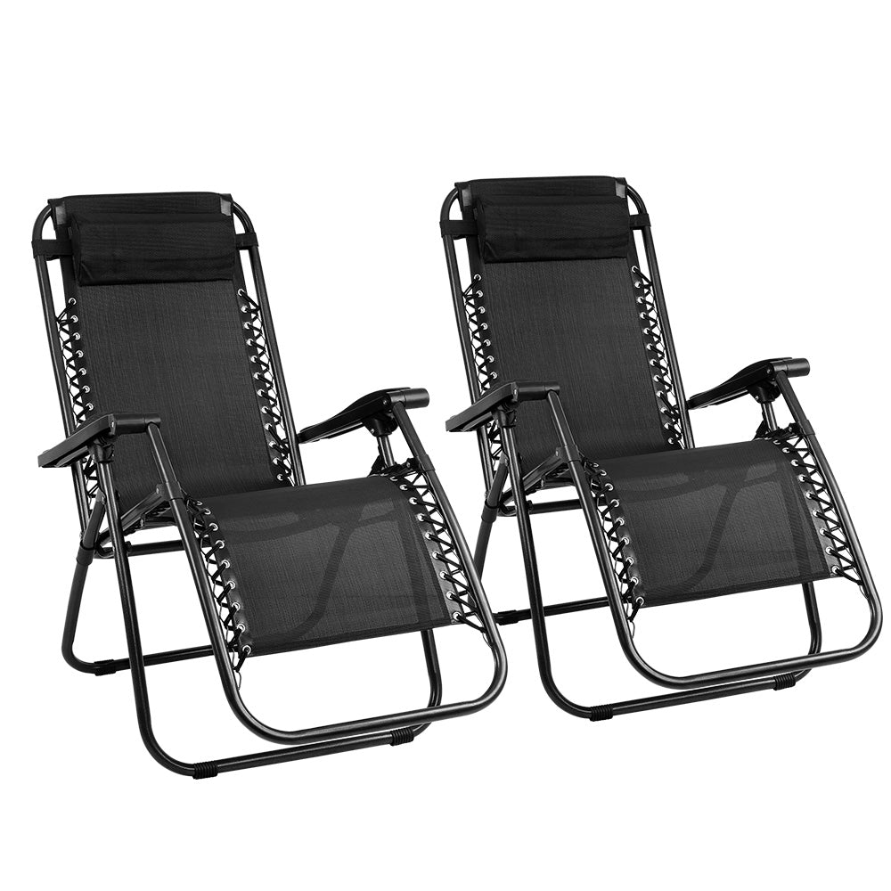 2PC Zero Gravity Chair Folding Outdoor Recliner Adjustable Sun Lounge Camping Black - Furniture > Outdoor - Bedzy Australia
