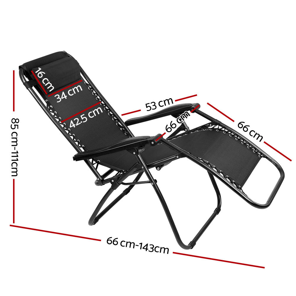 2PC Zero Gravity Chair Folding Outdoor Recliner Adjustable Sun Lounge Camping Black - Furniture > Outdoor - Bedzy Australia