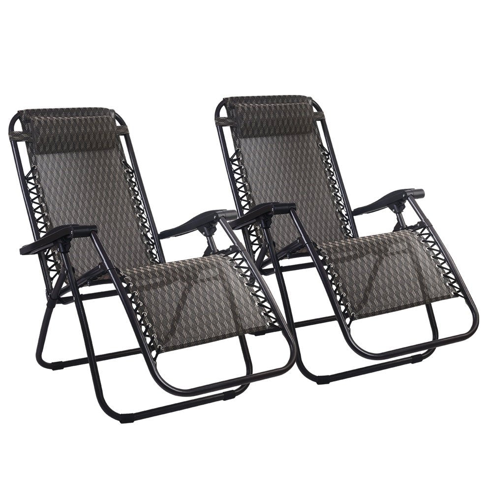 2PC Zero Gravity Chair Folding Outdoor Recliner Adjustable Sun Lounge Camping Grey - Furniture > Outdoor - Bedzy Australia