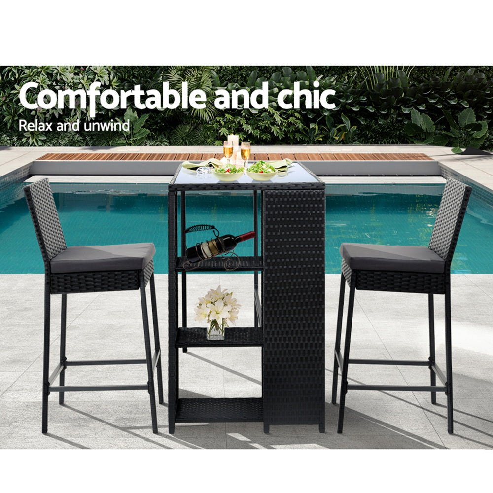 3-Piece Outdoor Bar Set Patio Dining Chairs Wicker Table Stools - Furniture > Outdoor - Bedzy Australia