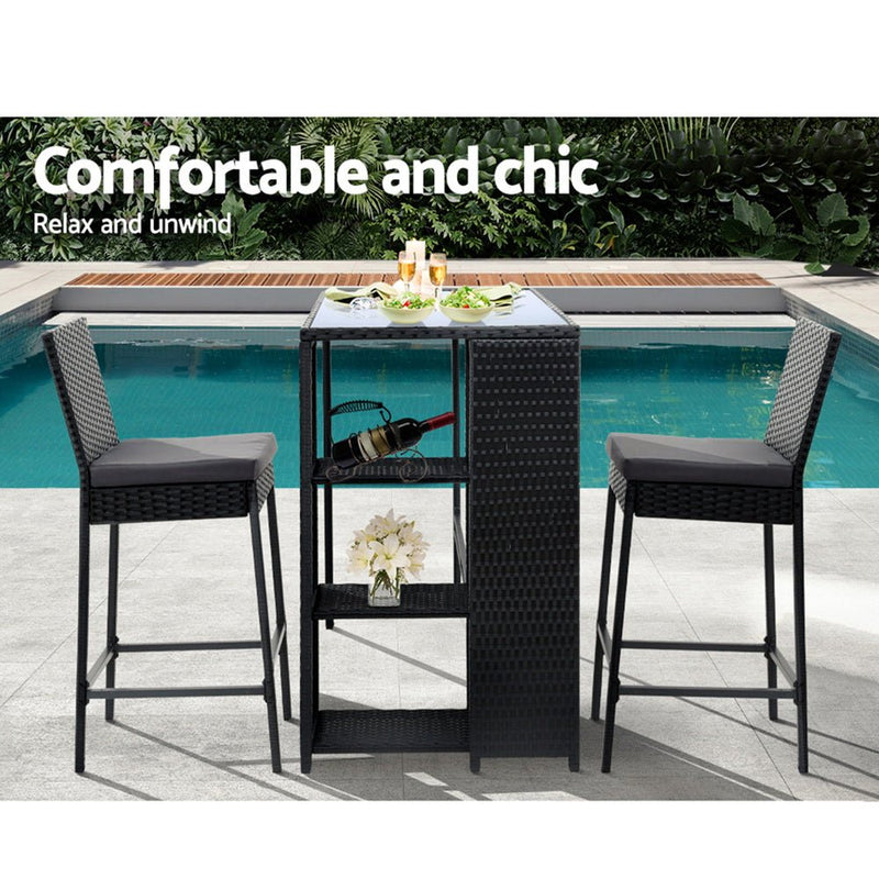 3-Piece Outdoor Bar Set Patio Dining Chairs Wicker Table Stools - Furniture > Outdoor - Bedzy Australia