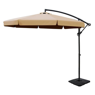 3m Outdoor Umbrella w/Base Cantilever Garden Beach Patio Beige - Home & Garden > Shading - Bedzy Australia