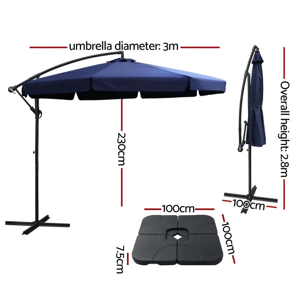 3m Outdoor Umbrella w/Base Cantilever Garden Beach Patio Navy - Home & Garden > Shading - Bedzy Australia