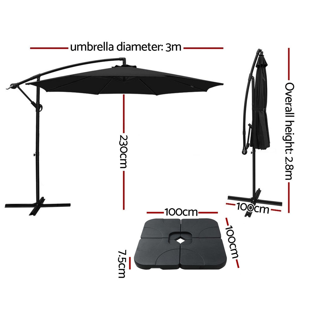 3m Umbrella w/Base Outdoor Cantilever Beach Garden Patio Parasol Black - Home & Garden > Shading - Bedzy Australia