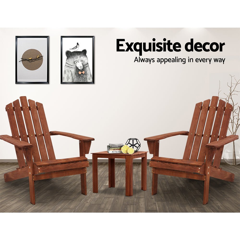3PC Adirondack Outdoor Table and Chairs Wooden Beach Chair Brown - Furniture > Outdoor - Bedzy Australia