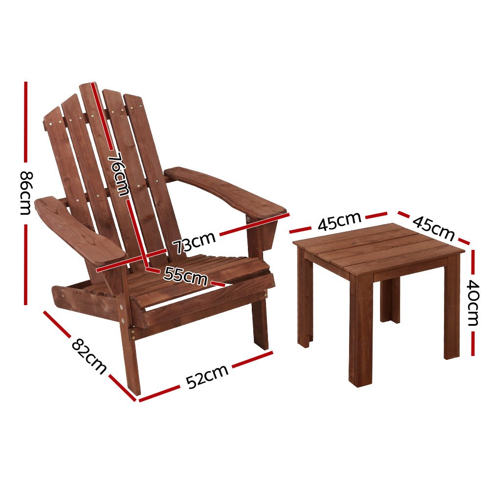 3PC Adirondack Outdoor Table and Chairs Wooden Beach Chair Brown - Furniture > Outdoor - Bedzy Australia