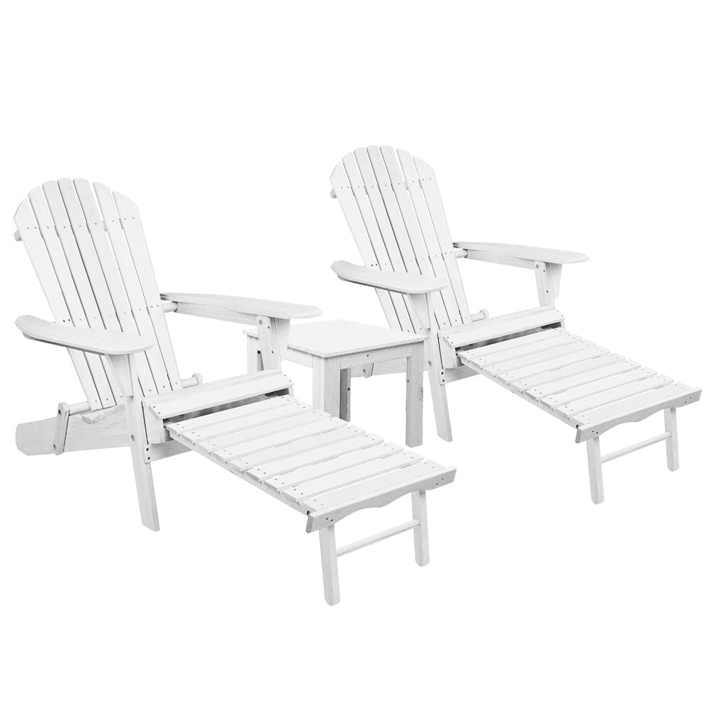 3PC Adirondack Outdoor Table and Chairs Wooden Sun Lounge Beach Patio White - Furniture > Outdoor - Bedzy Australia