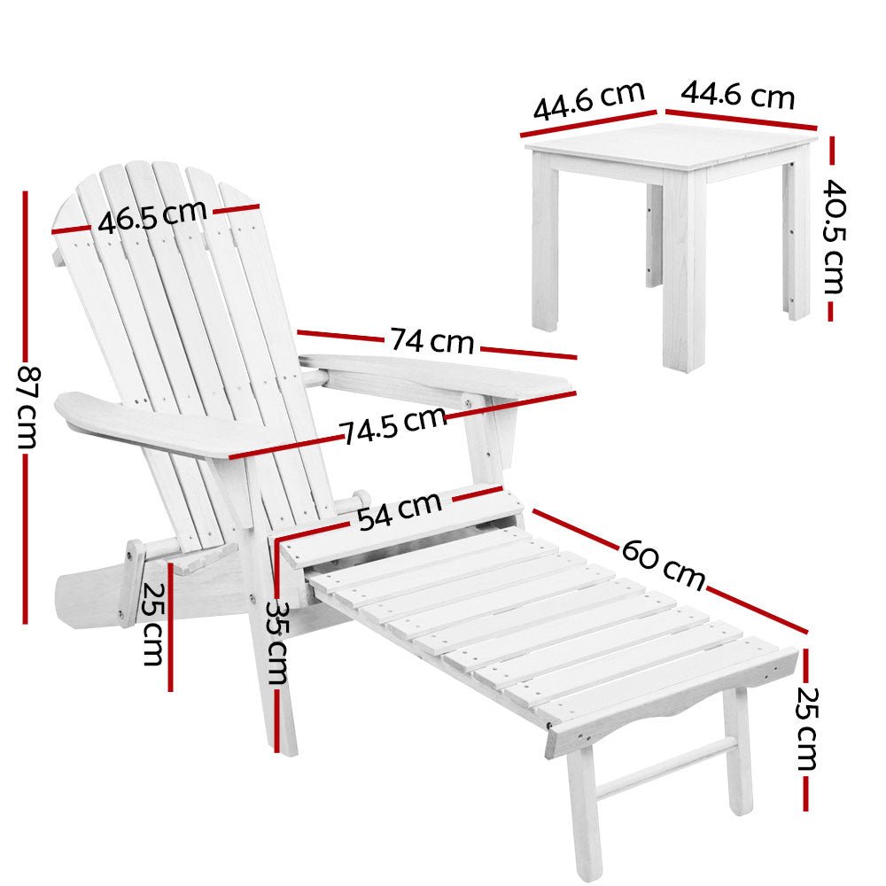 3PC Adirondack Outdoor Table and Chairs Wooden Sun Lounge Beach Patio White - Furniture > Outdoor - Bedzy Australia