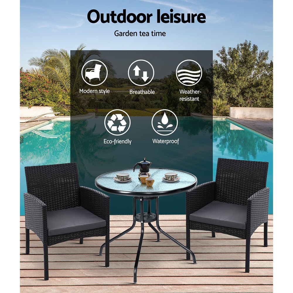 3PC Bistro Set Outdoor Furniture Rattan Table Chairs Cushion Patio Garden Ezra - Furniture > Outdoor - Bedzy Australia