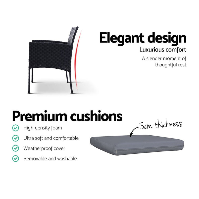 3PC Bistro Set Outdoor Furniture Rattan Table Chairs Cushion Patio Garden Ezra - Furniture > Outdoor - Bedzy Australia