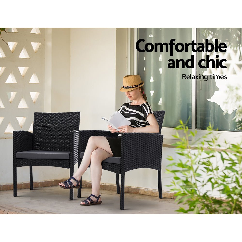 3PC Bistro Set Outdoor Furniture Rattan Table Chairs Cushion Patio Garden Ezra - Furniture > Outdoor - Bedzy Australia