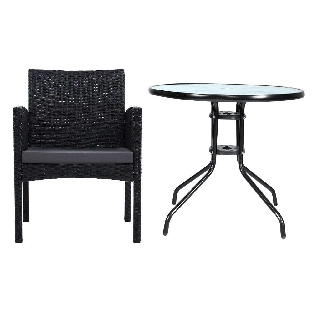 3PC Bistro Set Outdoor Furniture Rattan Table Chairs Cushion Patio Garden Ezra - Furniture > Outdoor - Bedzy Australia