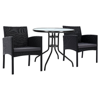 3PC Bistro Set Outdoor Furniture Rattan Table Chairs Cushion Patio Garden Ezra - Furniture > Outdoor - Bedzy Australia