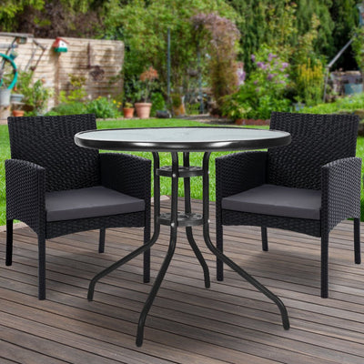 3PC Bistro Set Outdoor Furniture Rattan Table Chairs Cushion Patio Garden Ezra - Furniture > Outdoor - Bedzy Australia