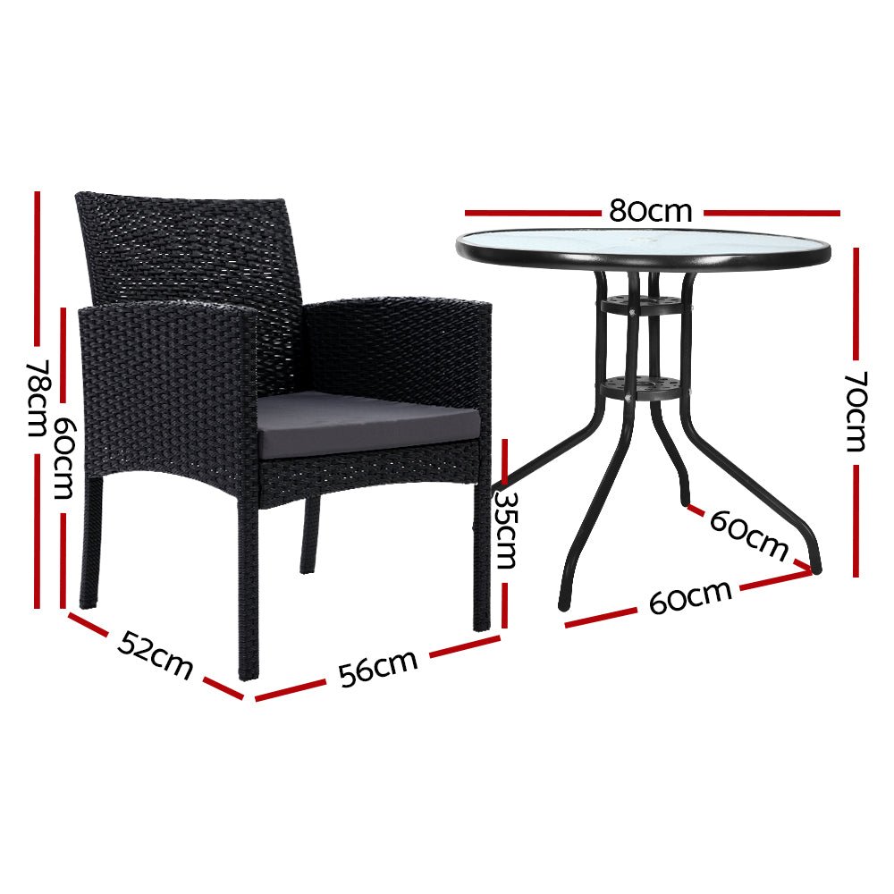 3PC Bistro Set Outdoor Furniture Rattan Table Chairs Cushion Patio Garden Ezra - Furniture > Outdoor - Bedzy Australia