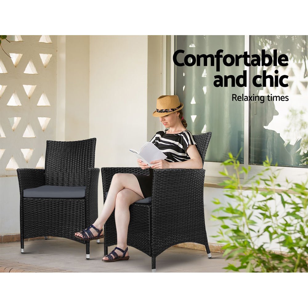 3PC Bistro Set Outdoor Furniture Rattan Table Chairs Cushion Patio Garden Idris - Furniture > Outdoor - Bedzy Australia