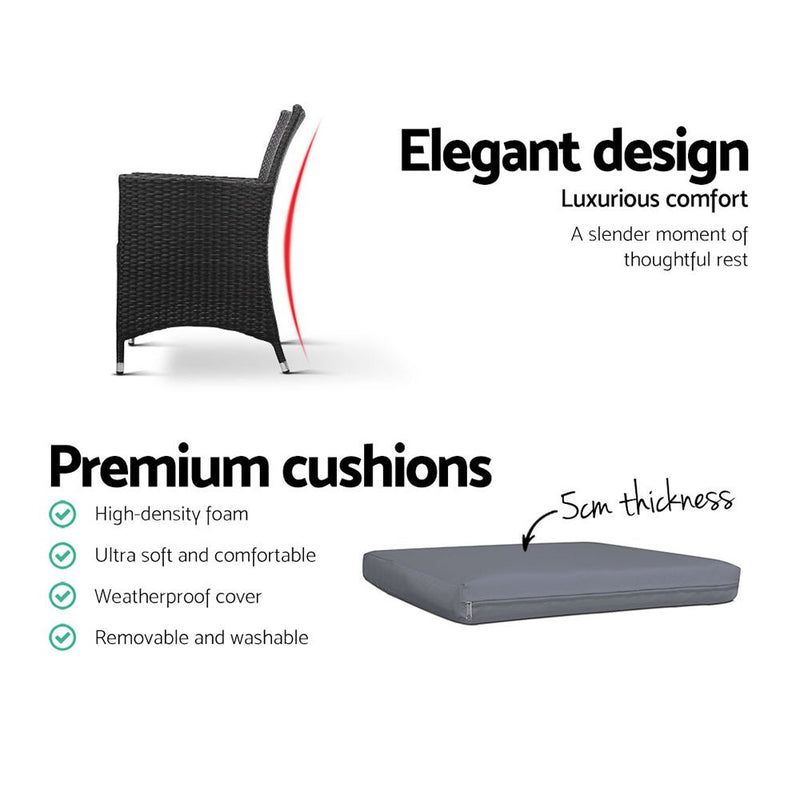 3PC Bistro Set Outdoor Furniture Rattan Table Chairs Cushion Patio Garden Idris - Furniture > Outdoor - Bedzy Australia