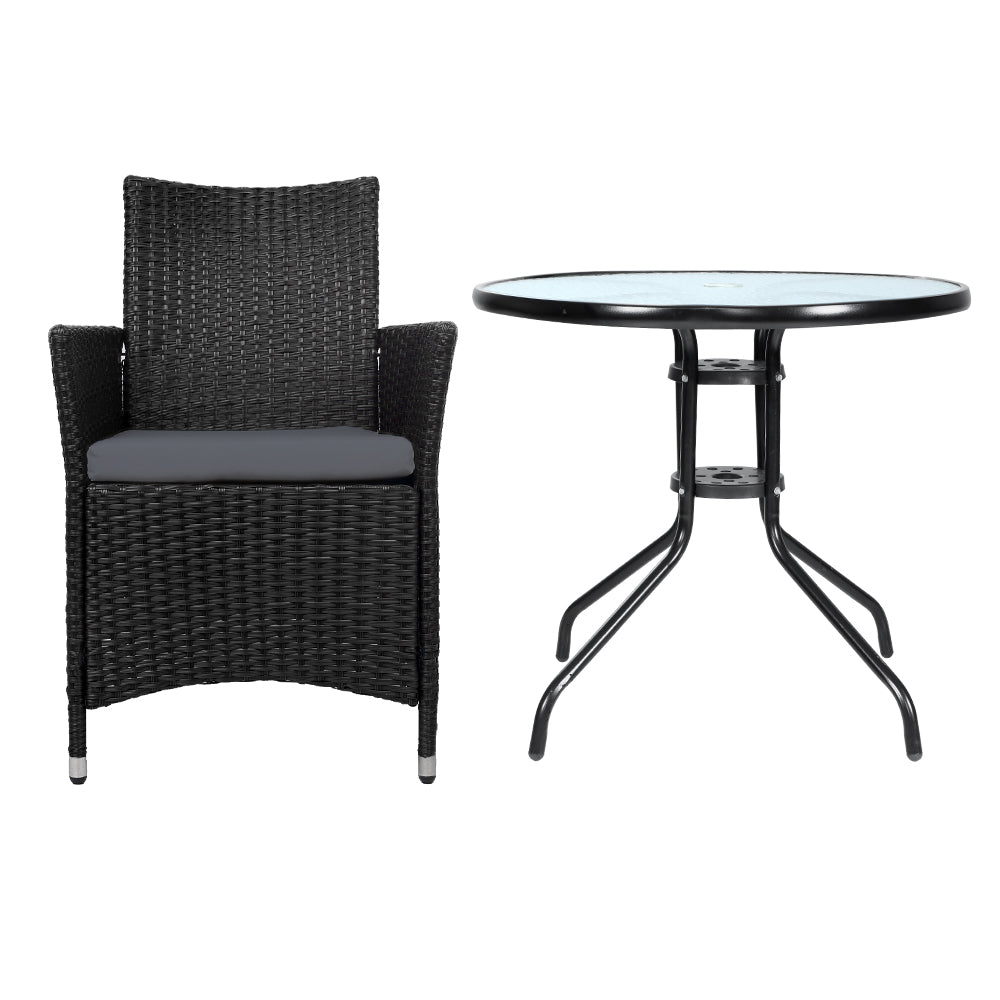 3PC Bistro Set Outdoor Furniture Rattan Table Chairs Cushion Patio Garden Idris - Furniture > Outdoor - Bedzy Australia
