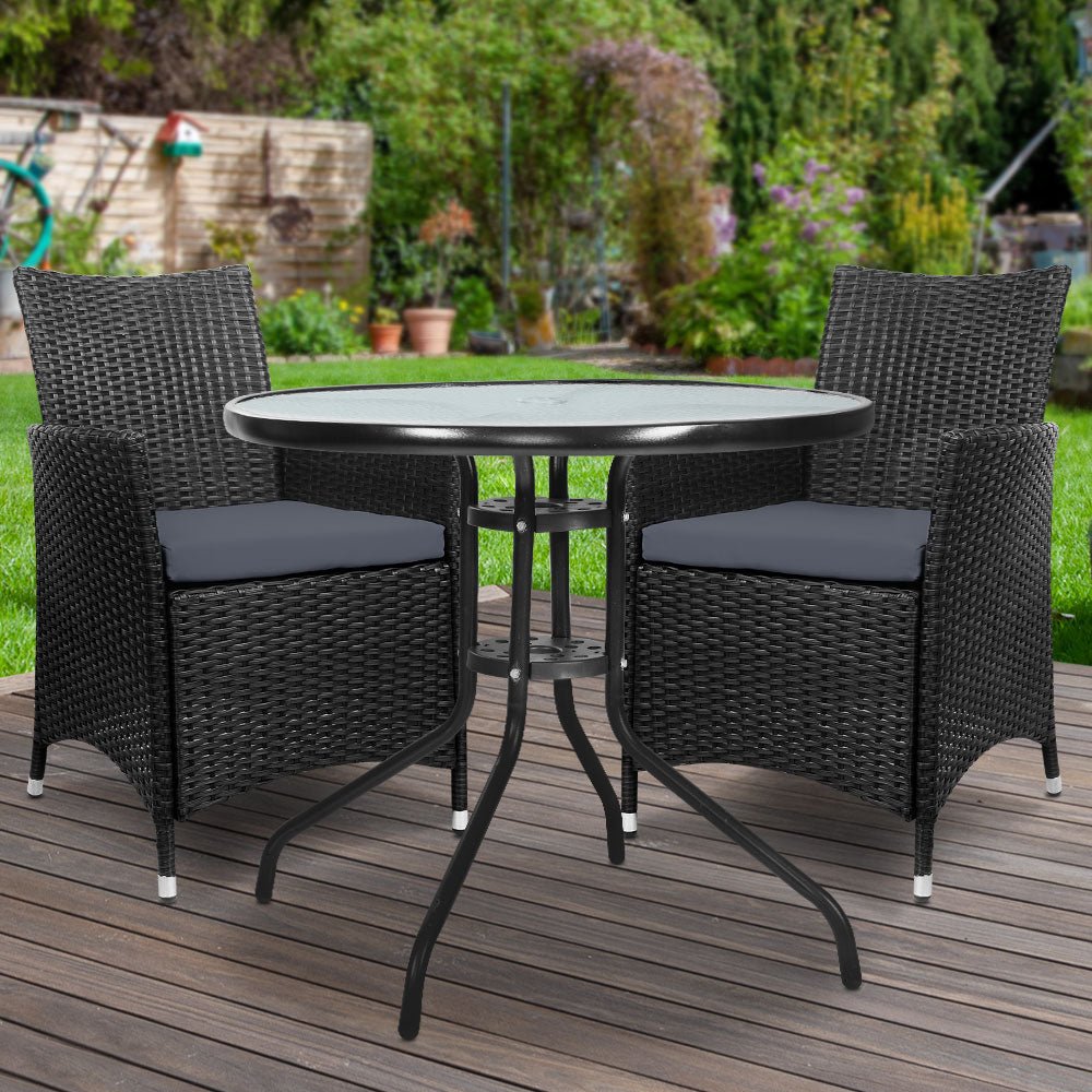 3PC Bistro Set Outdoor Furniture Rattan Table Chairs Cushion Patio Garden Idris - Furniture > Outdoor - Bedzy Australia