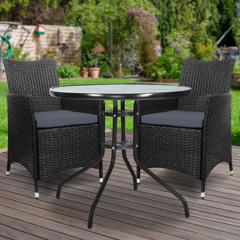 3PC Bistro Set Outdoor Furniture Rattan Table Chairs Cushion Patio Garden Idris - Furniture > Outdoor - Bedzy Australia