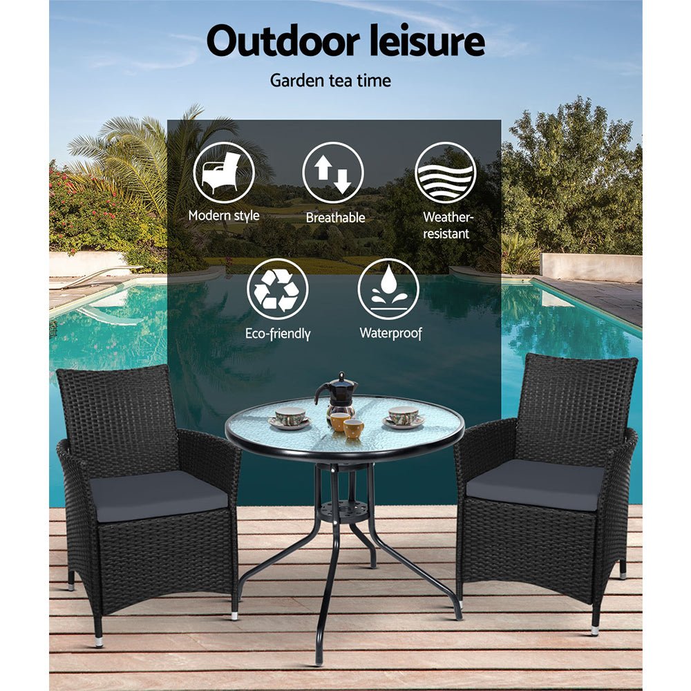 3PC Bistro Set Outdoor Furniture Rattan Table Chairs Cushion Patio Garden Idris - Furniture > Outdoor - Bedzy Australia