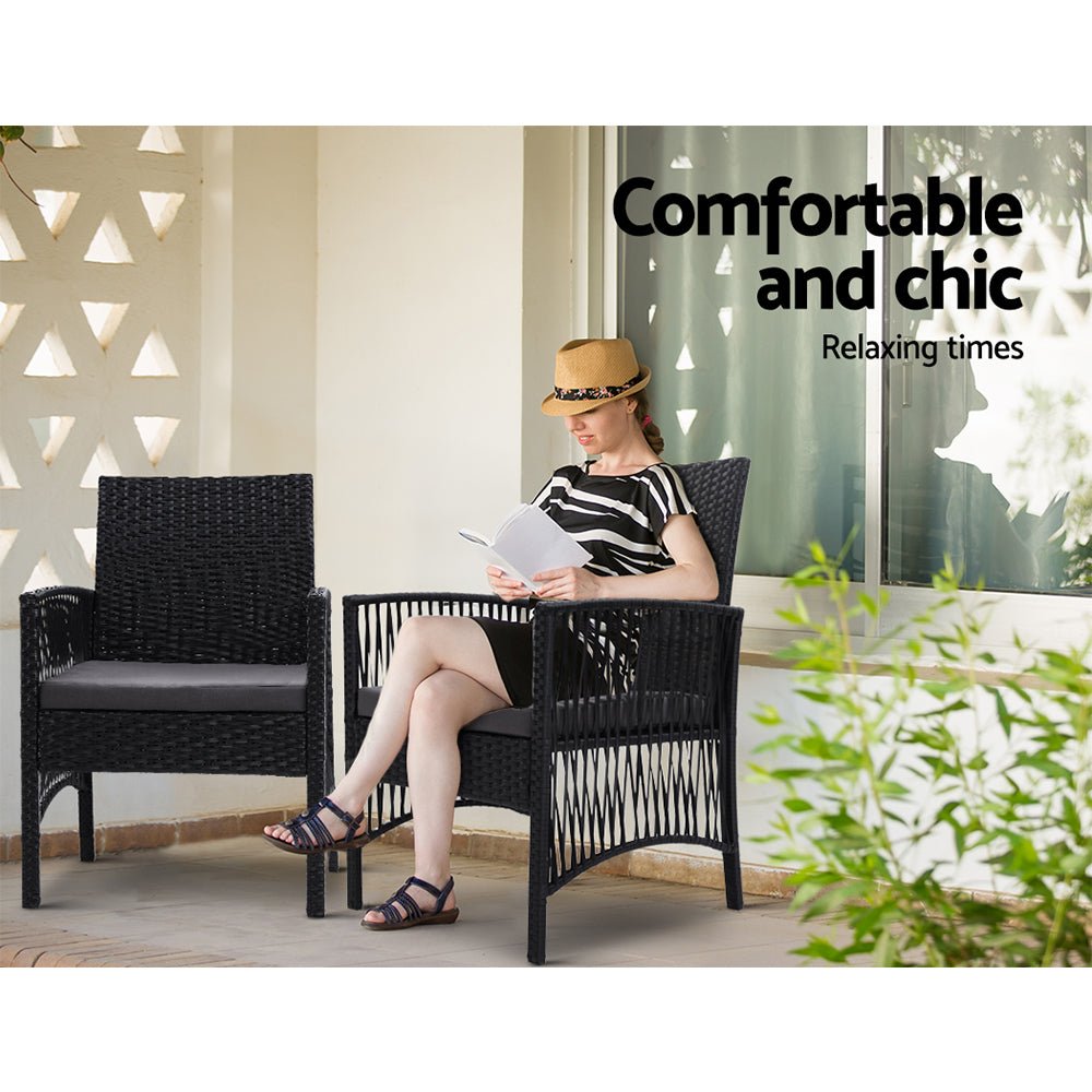 3PC Bistro Set Outdoor Furniture Rattan Table Chairs Cushion Patio Garden Lyra - Furniture > Outdoor - Bedzy Australia