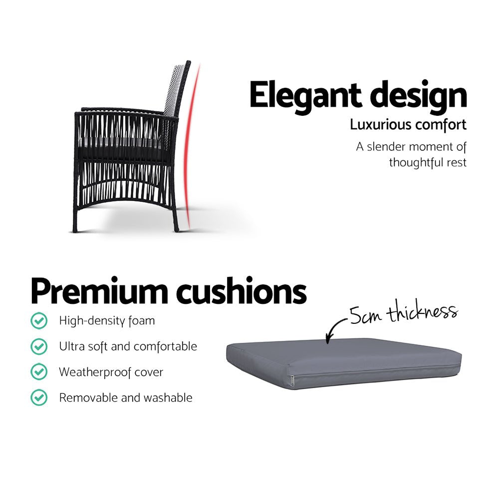 3PC Bistro Set Outdoor Furniture Rattan Table Chairs Cushion Patio Garden Lyra - Furniture > Outdoor - Bedzy Australia