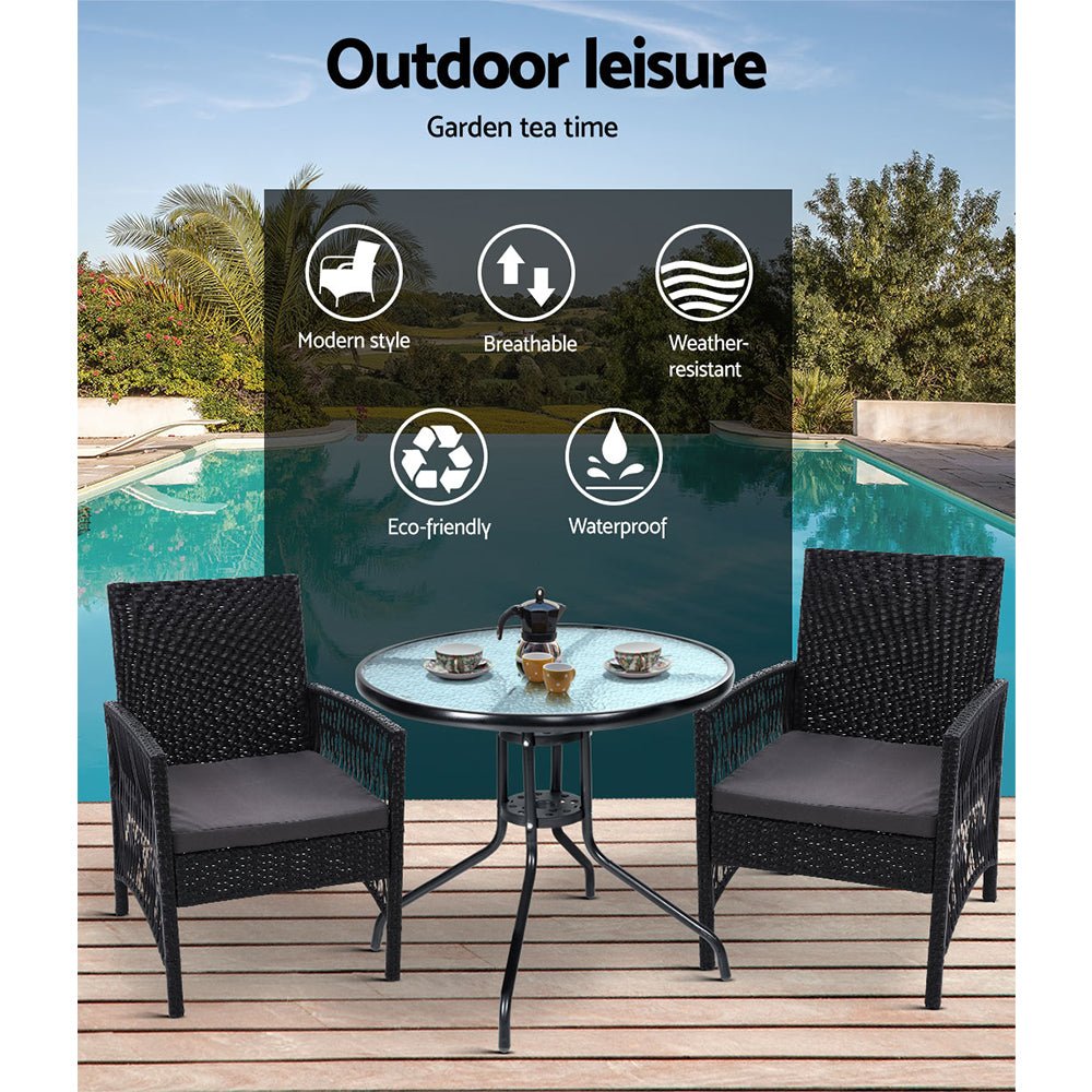 3PC Bistro Set Outdoor Furniture Rattan Table Chairs Cushion Patio Garden Lyra - Furniture > Outdoor - Bedzy Australia