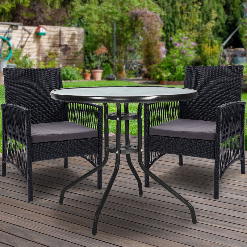 3PC Bistro Set Outdoor Furniture Rattan Table Chairs Cushion Patio Garden Lyra - Furniture > Outdoor - Bedzy Australia