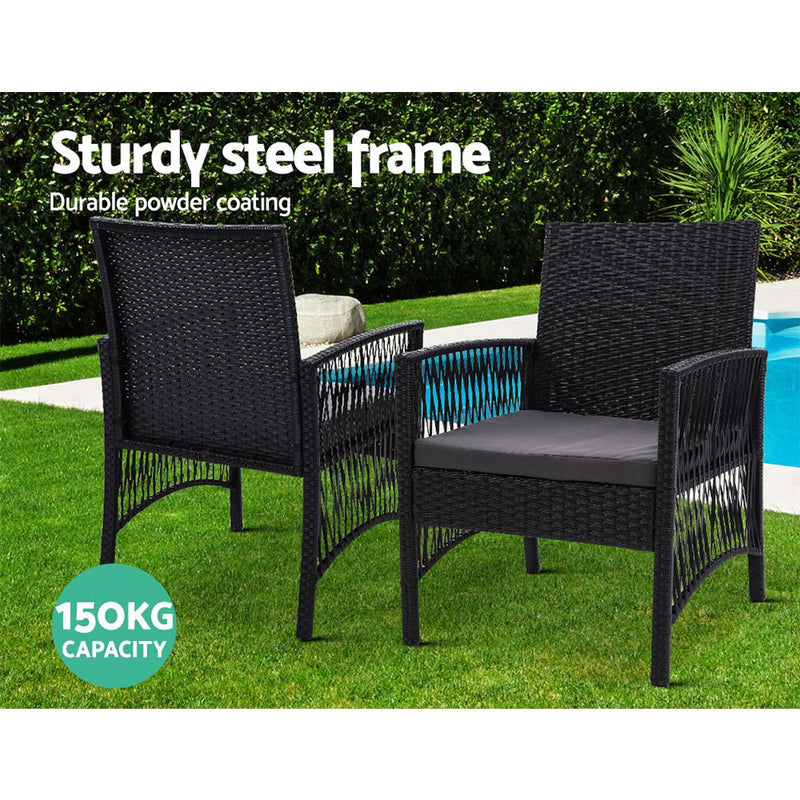 3PC Bistro Set Outdoor Furniture Rattan Table Chairs Cushion Patio Garden Lyra - Furniture > Outdoor - Bedzy Australia