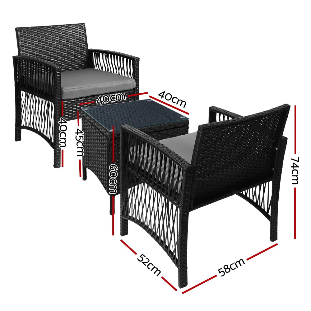 3PC Outdoor Bistro Set Patio Furniture Wicker Dining Chairs Table Cushion Black - Furniture > Outdoor - Bedzy Australia