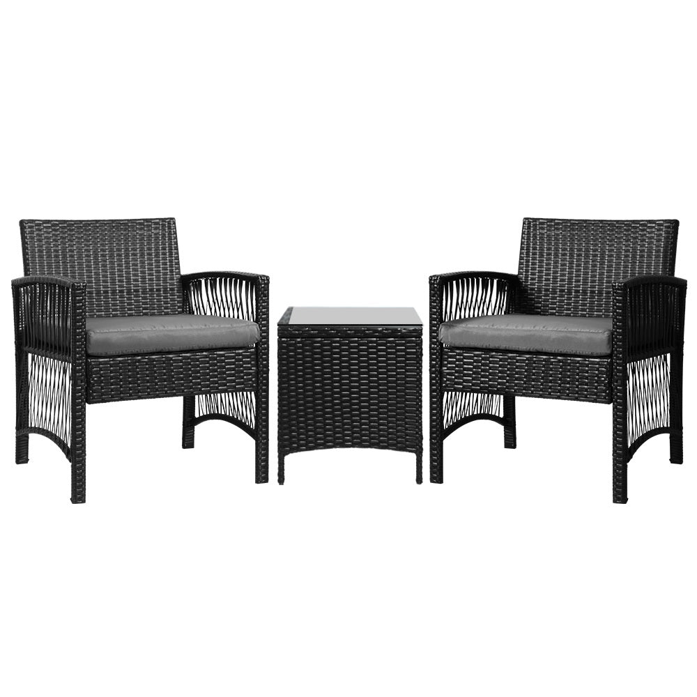 3PC Outdoor Bistro Set Patio Furniture Wicker Dining Chairs Table Cushion Black - Furniture > Outdoor - Bedzy Australia