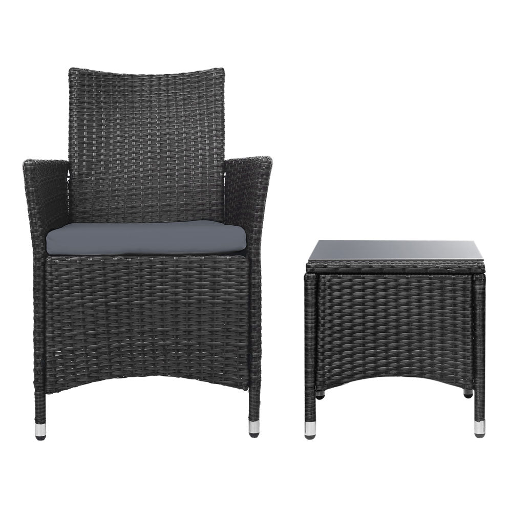 3PC Outdoor Bistro Set Patio Furniture Wicker Setting Chairs Table Cushion Black - Furniture > Outdoor - Bedzy Australia
