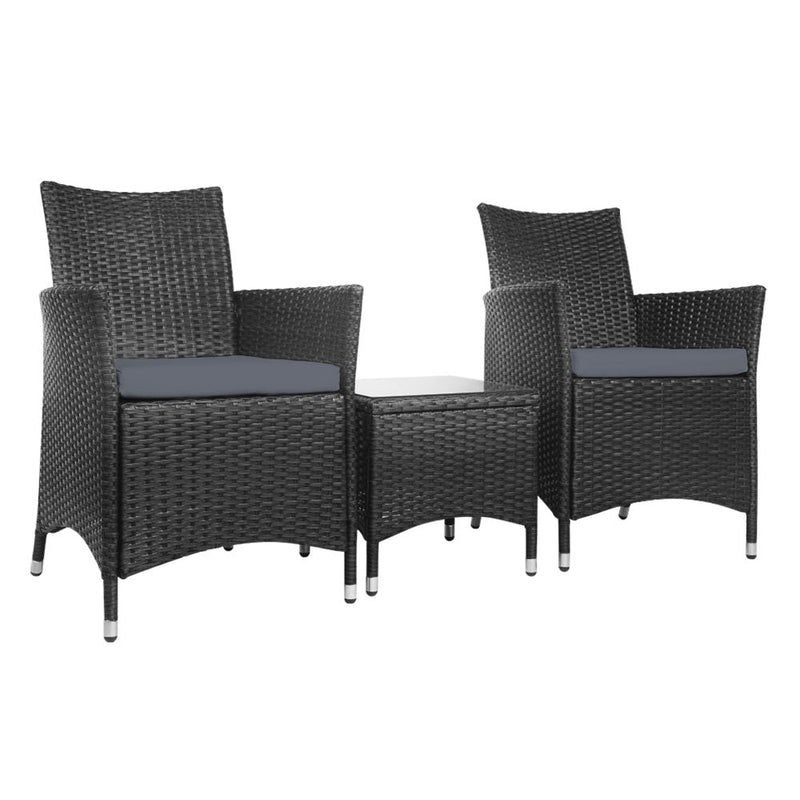 3PC Outdoor Bistro Set Patio Furniture Wicker Setting Chairs Table Cushion Black - Furniture > Outdoor - Bedzy Australia