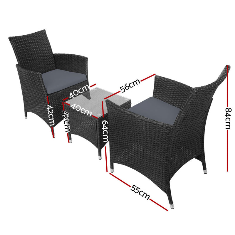 3PC Outdoor Bistro Set Patio Furniture Wicker Setting Chairs Table Cushion Black - Furniture > Outdoor - Bedzy Australia