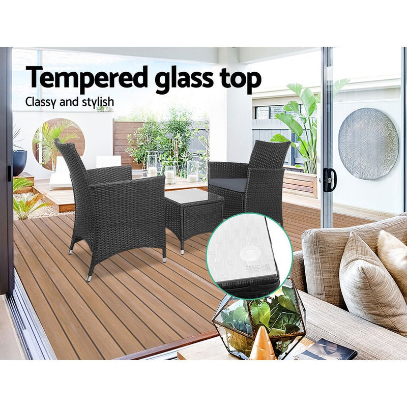 3PC Outdoor Bistro Set Patio Furniture Wicker Setting Chairs Table Cushion Black - Furniture > Outdoor - Bedzy Australia