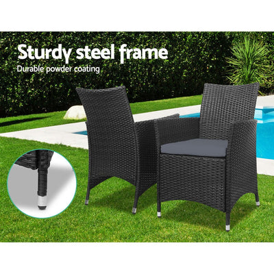 3PC Outdoor Bistro Set Patio Furniture Wicker Setting Chairs Table Cushion Black - Furniture > Outdoor - Bedzy Australia
