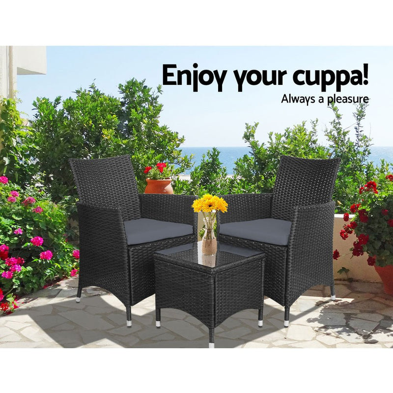 3PC Outdoor Bistro Set Patio Furniture Wicker Setting Chairs Table Cushion Black - Furniture > Outdoor - Bedzy Australia