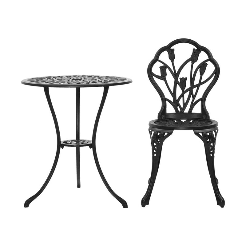 3PC Outdoor Setting Bistro Set Chairs Table Cast Aluminum Patio Furniture Tulip Black - Furniture > Outdoor - Bedzy Australia