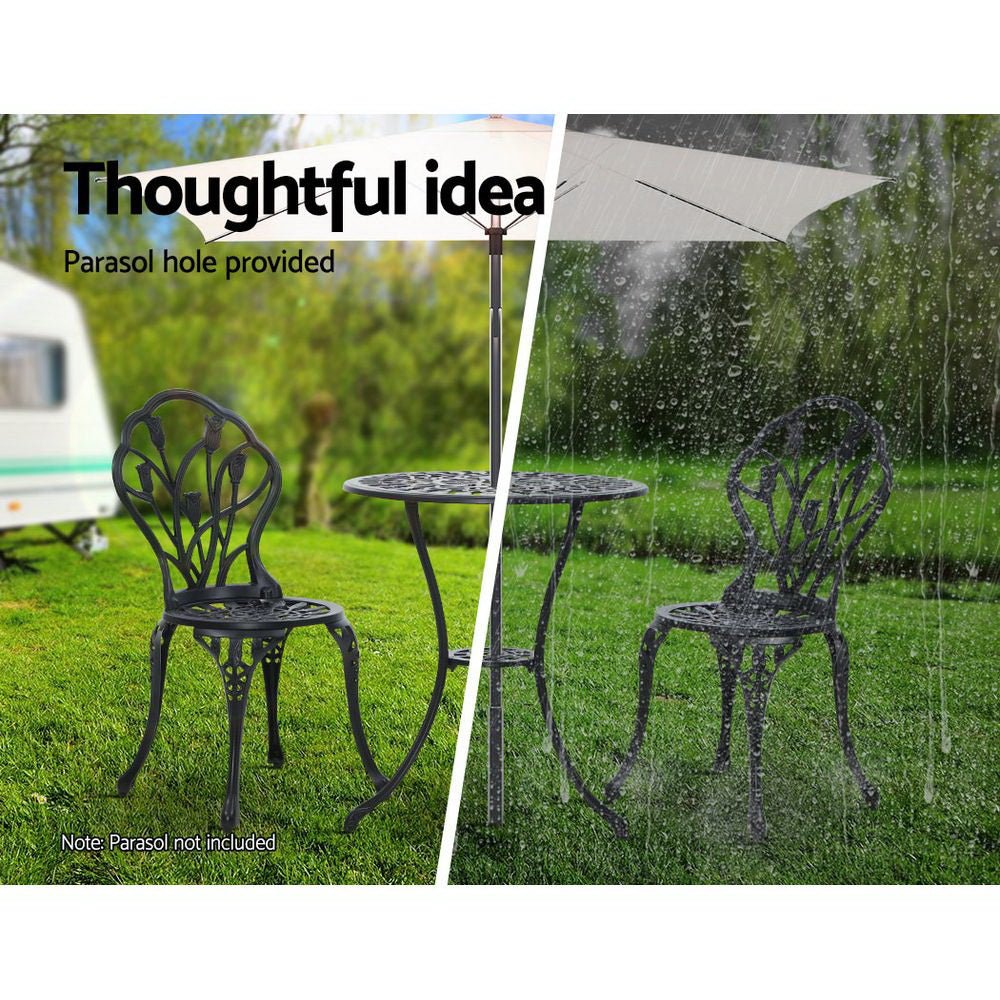 3PC Outdoor Setting Bistro Set Chairs Table Cast Aluminum Patio Furniture Tulip Black - Furniture > Outdoor - Bedzy Australia