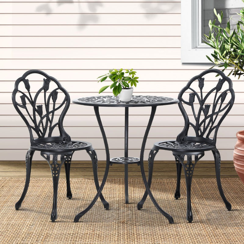 3PC Outdoor Setting Bistro Set Chairs Table Cast Aluminum Patio Furniture Tulip Black - Furniture > Outdoor - Bedzy Australia