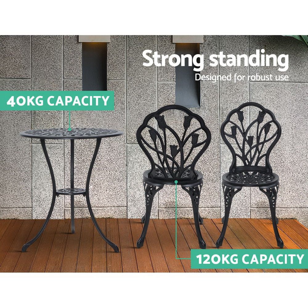 3PC Outdoor Setting Bistro Set Chairs Table Cast Aluminum Patio Furniture Tulip Black - Furniture > Outdoor - Bedzy Australia