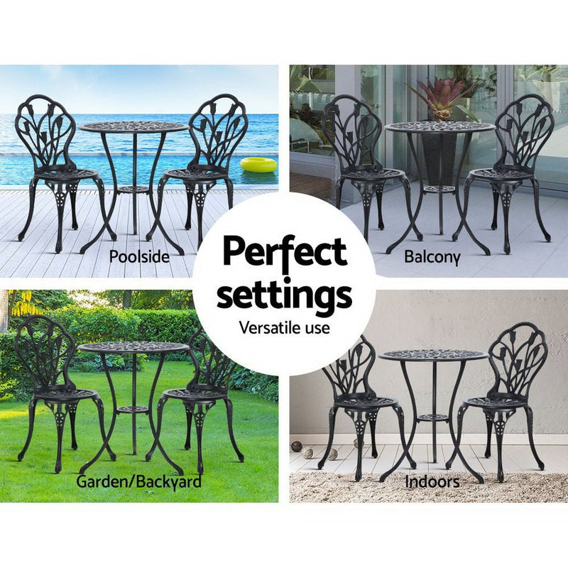 3PC Outdoor Setting Bistro Set Chairs Table Cast Aluminum Patio Furniture Tulip Black - Furniture > Outdoor - Bedzy Australia