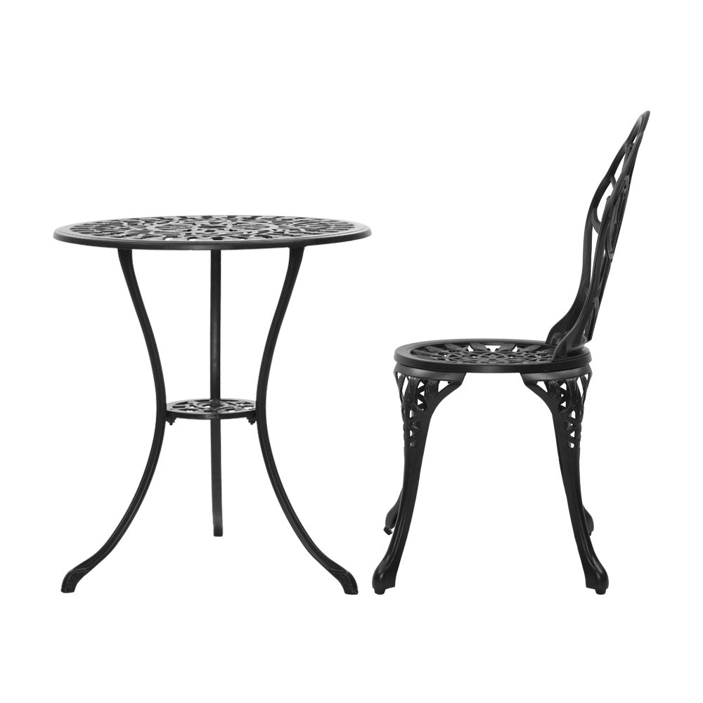 3PC Outdoor Setting Bistro Set Chairs Table Cast Aluminum Patio Furniture Tulip Black - Furniture > Outdoor - Bedzy Australia