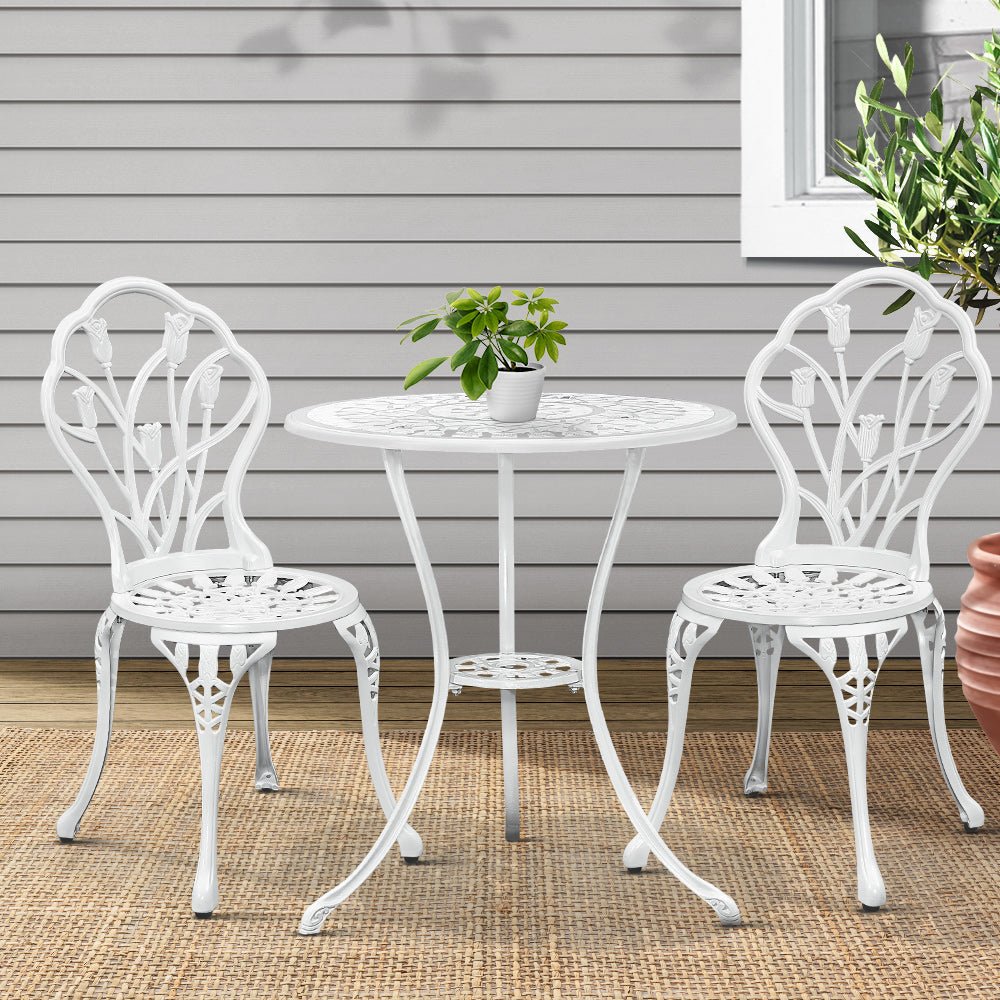 3PC Outdoor Setting Bistro Set Chairs Table Cast Aluminum Patio Furniture Tulip White - Furniture > Outdoor - Bedzy Australia