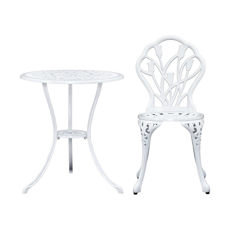 3PC Outdoor Setting Bistro Set Chairs Table Cast Aluminum Patio Furniture Tulip White - Furniture > Outdoor - Bedzy Australia