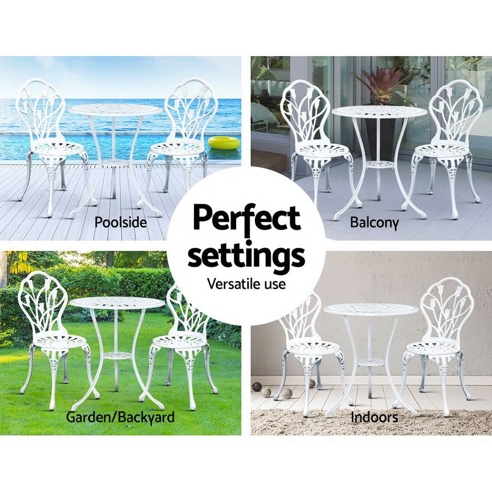 3PC Outdoor Setting Bistro Set Chairs Table Cast Aluminum Patio Furniture Tulip White - Furniture > Outdoor - Bedzy Australia