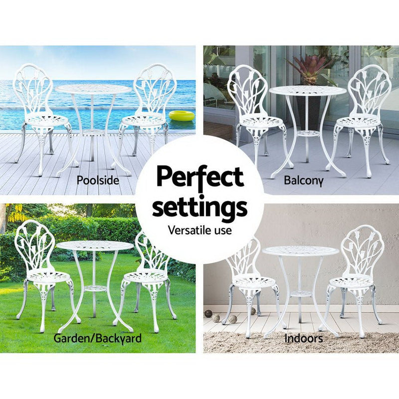 3PC Outdoor Setting Bistro Set Chairs Table Cast Aluminum Patio Furniture Tulip White - Furniture > Outdoor - Bedzy Australia