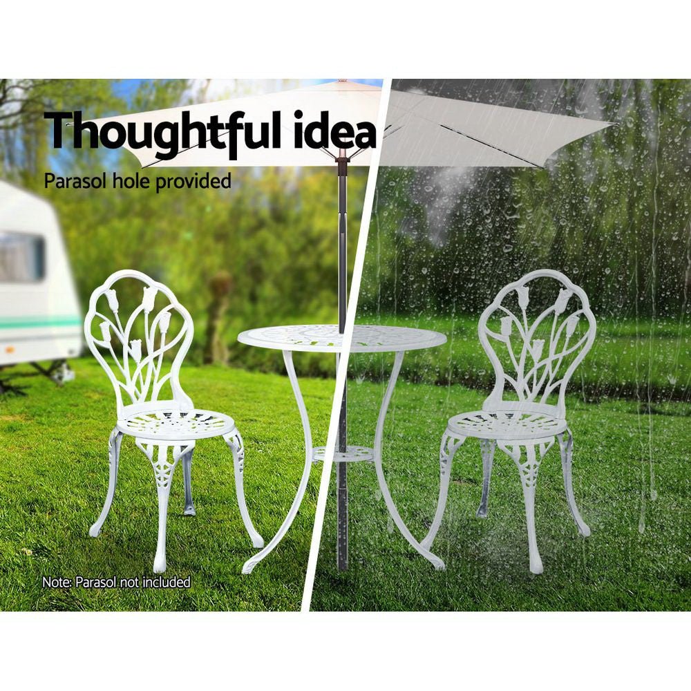 3PC Outdoor Setting Bistro Set Chairs Table Cast Aluminum Patio Furniture Tulip White - Furniture > Outdoor - Bedzy Australia